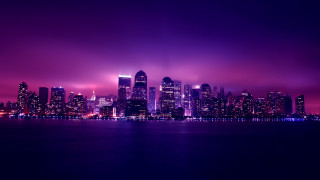 City skyline purple night water 2 - a purple sky and water free wallpaper