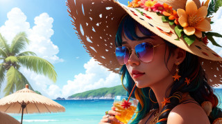 Woman hat sunglasses beach drink - a drink free wallpaper for desktop