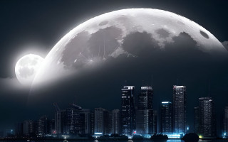 City skyline moon boat night - the water in front free wallpaper for desktop