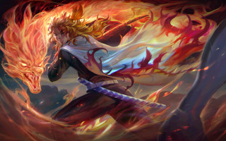 Woman sword dragon fire flames - official art free wallpaper for desktop