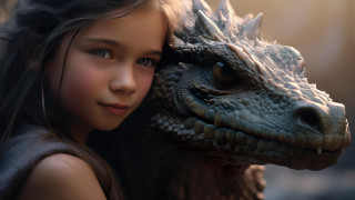 Girl hugging dragon 3d render - ultra realistic digital art free wallpaper for desktop