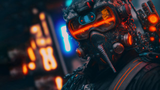 Man gasmask neon light cyberpunk - a man in a gas mask free wallpaper