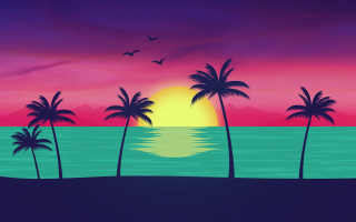 Sunset palm trees beach bird - a painting of a sunset free wallpaper