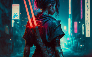 Woman red lightsaber cyberpunk city - cedric peyravernay free wallpaper for desktop