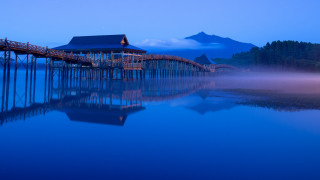 Dusk dock house mountain fog - fog in the air free wallpaper