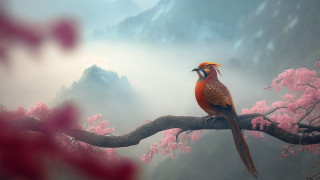 Bird branch cherryblossoms mountain pinkflowers - chris labrooy free wallpaper for desktop