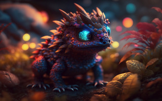Toy lizard spikes plants rocks - ultra realistic digital art free wallpaper