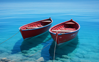 Red boats shore lake rocks - tranquil free wallpaper