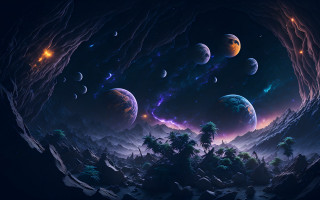 Landscape planets trees mountain night - a painting of a landscape free wallpaper