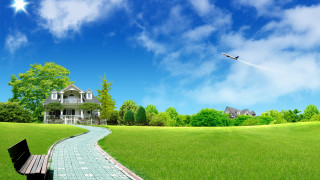 Bench brickpath field house bird - matte painting free wallpaper