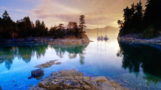 Lake boat mountain trees sunset - the water and a mountain in the background free wallpaper for desktop