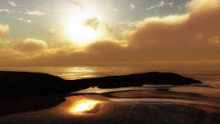 Sunset water largerock mattepainting dusk - a sunset over a body of water free wallpaper