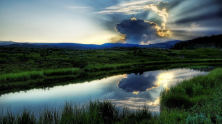 River mountain reflection sky grass - reflective free wallpaper