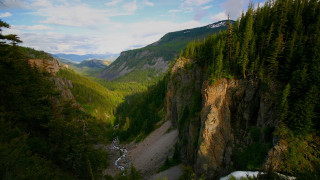 Valley river mountains forest trees - wide angle len free wallpaper for desktop