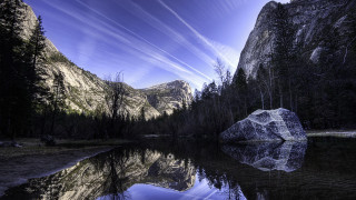 Rock lake mountains sky forest - wispy free wallpaper