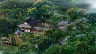 House forest pond detailed render - a pond in front free wallpaper