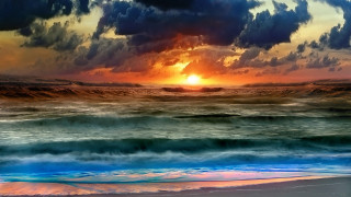 Sunset ocean waves beach mystical - the shore and a person free wallpaper for desktop
