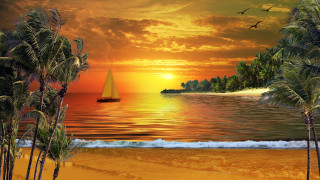 Sailboat tropical beach sunset palm - over the water free wallpaper