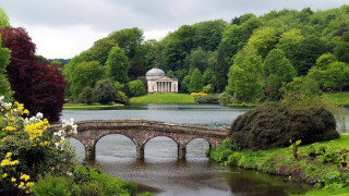 Bridge river building trees pond - neoclassicism free wallpaper for desktop