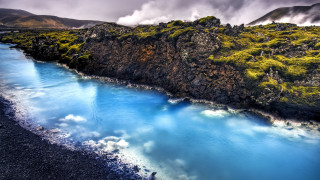 Blue river mountain clouds green - high saturation free wallpaper