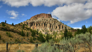 Mountain trees sky clouds bridge - the side of it free wallpaper