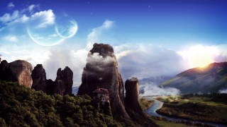 Mountain river planet moon fantasy - a moon in the sky free wallpaper