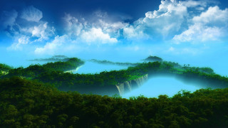 Fantasy landscape lake trees clouds - a painting of a landscape free wallpaper
