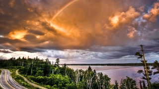 Rainbow road lake trees sunset - both side free wallpaper for desktop