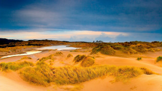 Sandy water grass cloudy sky - a few cloud free wallpaper for desktop