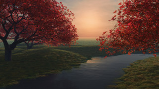 River trees autumn leaves sunset - a painting of a river free wallpaper
