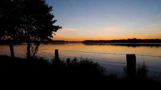 Sunset lake fence trees citylights - the foreground and a body of water free wallpaper for desktop