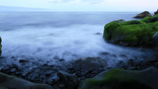 Rocky beach moss water mountains - free beach wallpaper