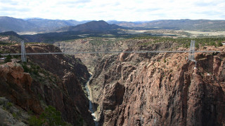 Bridge canyon river mountains clouds - cable wire free wallpaper
