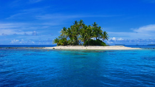 Small island palm trees ocean 10 - a boat in the distance free wallpaper
