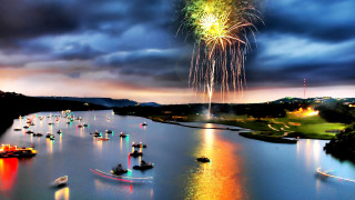 Fireworks lake boats clouds dusk - david boyd free wallpaper
