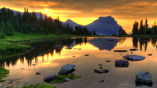Lake trees rocks mountain sunset - bob ross free wallpaper for desktop