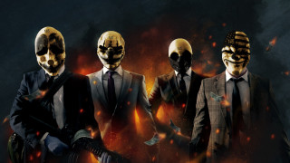 Three men suits masks burning - the other holding free wallpaper for desktop