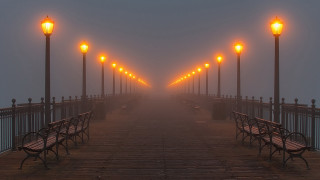 Foggy pier lamps bench lights - free halloween wallpaper