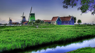 Windmills river field houses ecological - ecological art free wallpaper