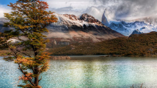 Tree water mountains clouds autumn - lake free wallpaper
