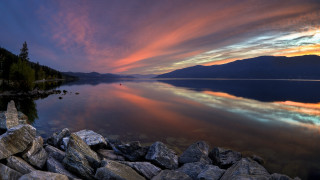 Lake rocks mountain sunset sky - alexander johnston free wallpaper