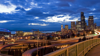 City skyline bridge highway night - everett warner free wallpaper