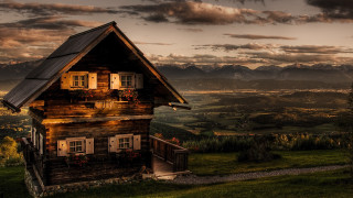 Cabin valley mountains sunset clouds - a view of a valley and mountains free wallpaper