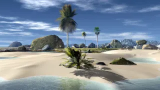 Tropical beach palm trees rocks - free 3d render wallpaper for desktop