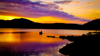 Lake sunset mountains boat person - a person riding free wallpaper