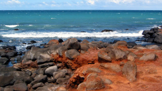 Rocky beach water sky mountains 2 - the shore of the beach free wallpaper