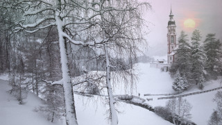 Snowy landscape church bridge forests - florence engelbach free wallpaper