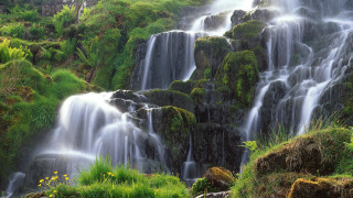 Waterfall greengrass cliff mountains nature - the ground below free wallpaper for desktop