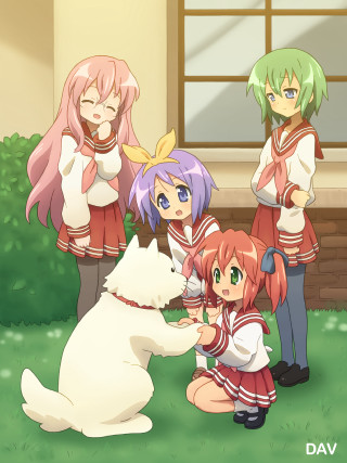 Anime girls petting dog yard - free cats wallpaper for mobile