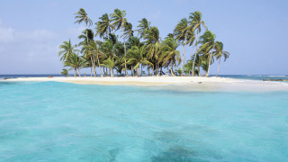 Small island palm trees blue - a boat in the distance free wallpaper